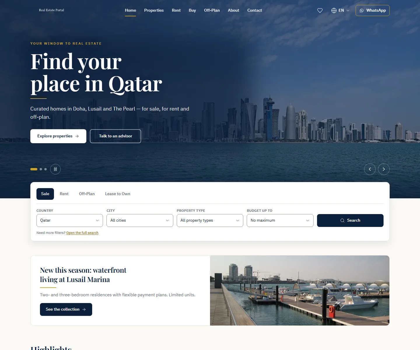 Real Estate Portal home page: a navy editorial hero over a Doha skyline photograph, with a gold eyebrow, a serif headline reading 'Find your place in Qatar', and a compact property search panel below.